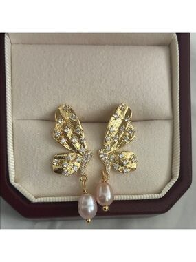Gold Butterfly Earrings with Pearl Accents